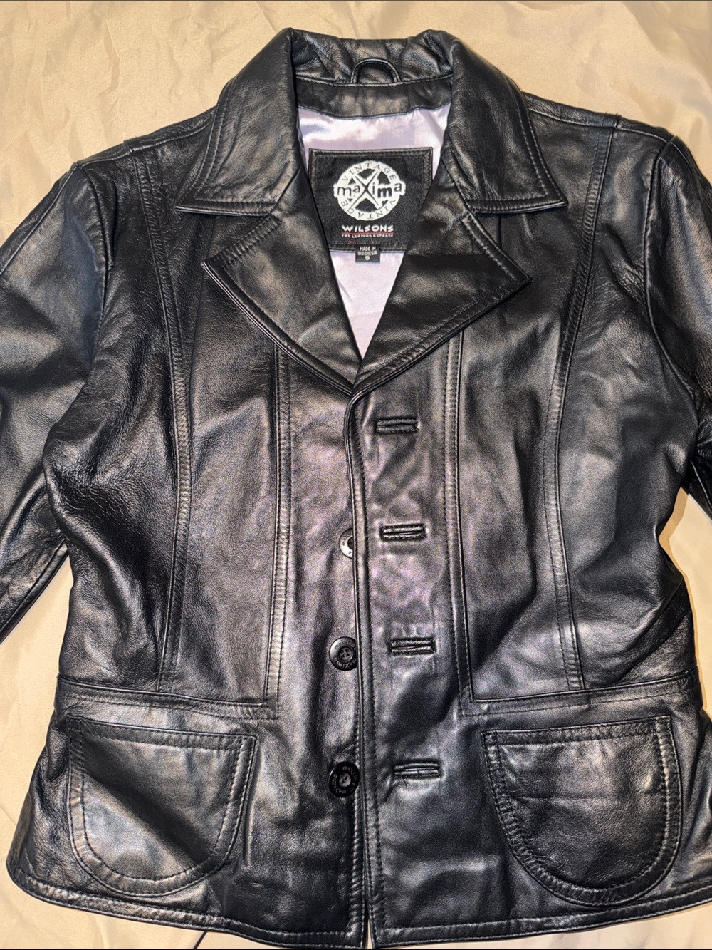 Wilson Vintage Black Leather Button-Front Jacket purple inside